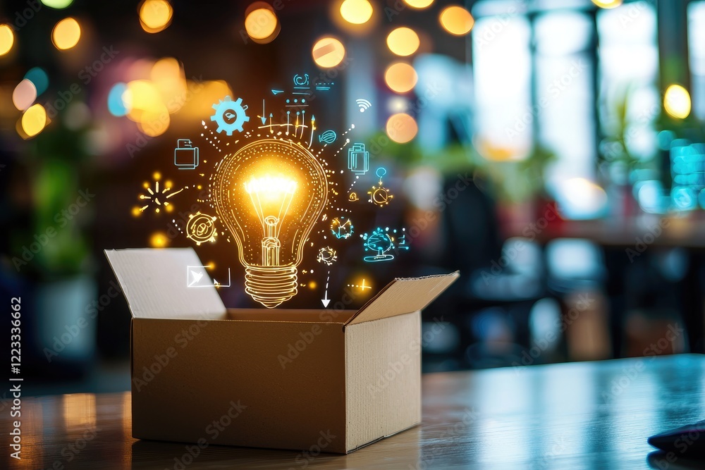 Poster open cardboard box with glowing light bulb and creative icons representing innovative ideas and conc