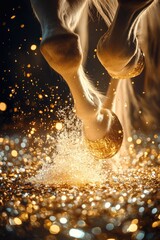 Horse hooves close-up against gold coins background. Selective focus.
