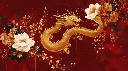 Obraz premium A sophisticated Chinese New Year poster featuring a golden dragon and floral design elements on a deep red background