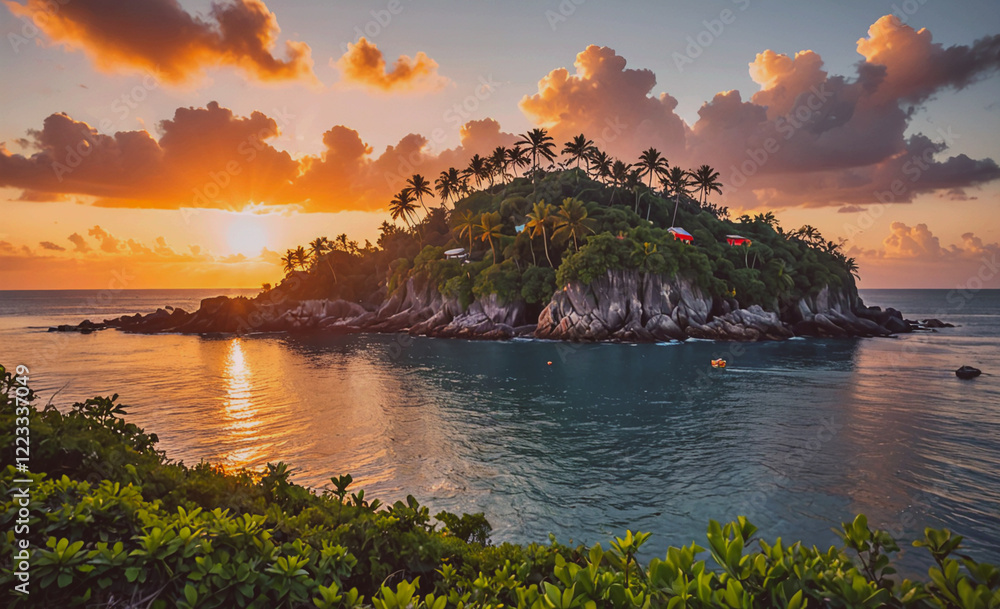 Poster a beautiful island with a calm blue ocean and a sunset in the background. the island is surrounded b
