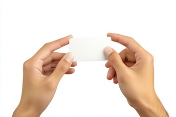 Close-Up Hands Holding Blank Business Card Isolated White Background Branding Marketing