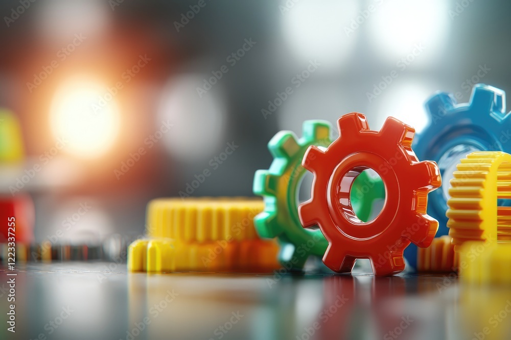 Poster diverse team collaborating in modern workspace with gears and tools illustrating innovation and team