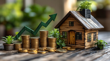 A toy house gold coins and an upward trending green arrow 