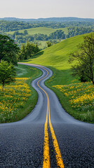 Naklejka premium A serene road with a sharp yellow line dividing it, flanked by rolling hills and wildflowers under a clear blue sky.