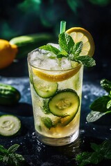 Fototapeta premium Fresh glass of lemonade garnished with sliced cucumbers and mint leaves