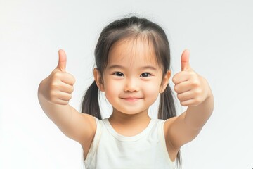 Happy Asian Child Giving Thumbs White Background Positive Messaging