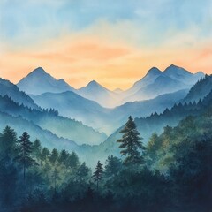 Serene sunset over misty mountain range, ideal for travel brochure