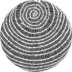 Circular black and white pattern. Texture composed of irregular geometric elements. Distressed uneven grunge background. Abstract vector illustration. 