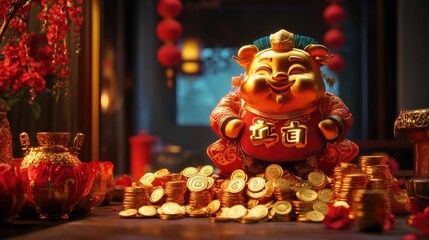 Naklejka premium A festive display of prosperity symbols like the Fu character, red lanterns, and golden coins for the Chinese New Year