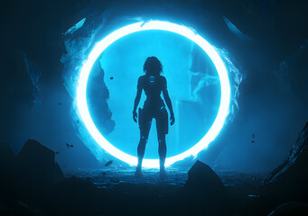 Epic Warrior Silhouette with Glowing Ring and Floating Debris