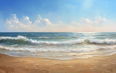 A sandy beach background with gentle ocean waves and a clear horizon under a vibrant sunny sky