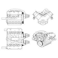 Engine Illustration Set. Car, Motorcycle, Electric Motor, and Rocket Engine for Science and Engineering Projects