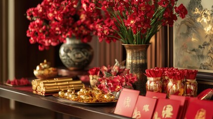 A table set with prosperity symbols for Chinese New Year, including gold ingots, red envelopes, and festive flowers