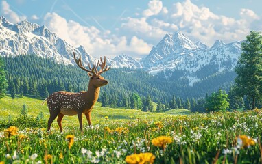 Naklejka premium Realistic 3D icon cartoon deer grazing in a lush green meadow with distant mountains