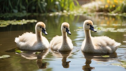 Obraz premium Three cygnets swim in a shallow, greenish pond surrounded by tall grasses.