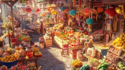 Fototapeta premium A bustling spring festival market with colorful stalls, vibrant decorations, and traditional foods being sold