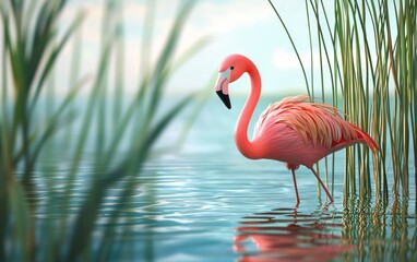 Fototapeta premium Realistic 3D icon cartoon flamingo wading in shallow water with tall reeds nearby