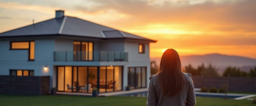 Modern House Sunset: Woman's Dream Homeownership & Real Estate