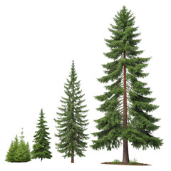 Fototapeta premium Four Evergreen Trees Growth Stages Isolated on Transparent Background, PNG, Nature, Conifer, Christmas Tree, Tree Growth