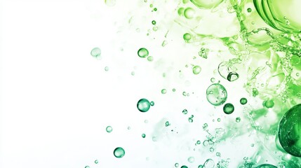 Transparent green oil bubbles and fluid shapes float gracefully in purified water against a white gradient background. 