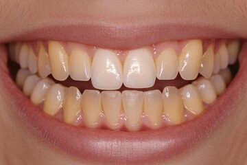 Fototapeta premium A detailed view of a person's mouth showing a gap where a tooth is missing, useful for medical or dental-related illustrations