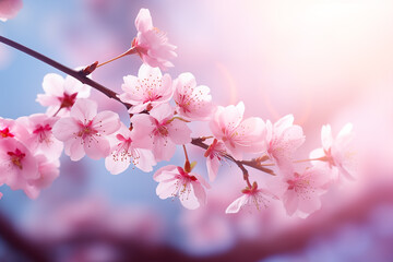 Naklejka premium Cherry blossom in full bloom. Cherry flowers in branch. Focus on center flower cluster.