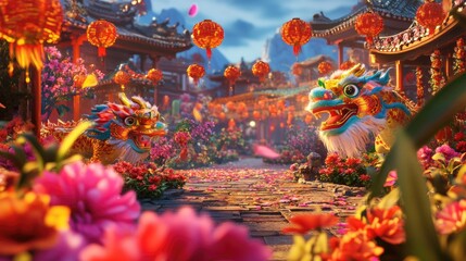 Obraz premium A festive spring festival scene with colorful flower displays, dragon dances, and red lanterns in the streets