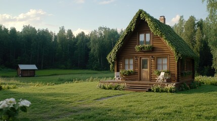 Wooden cabin adorned with lush green vines stands proudly in a farm setting, reflecting minimalist Russian design principles