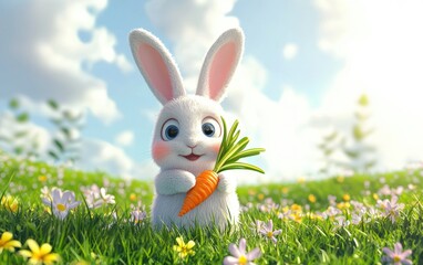Realistic 3D icon cartoon of a bunny holding a carrot, sitting on a grassy field with flowers