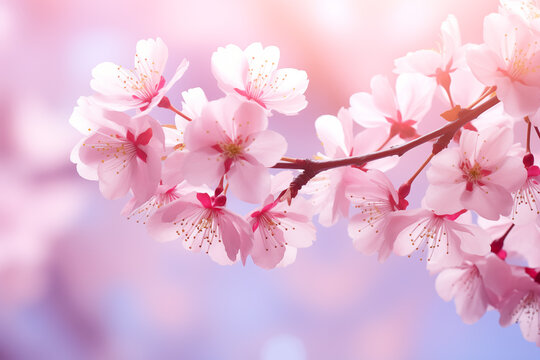 Blooming pink flowers of sakura cherry blossom season in springtime close up.  Nature background