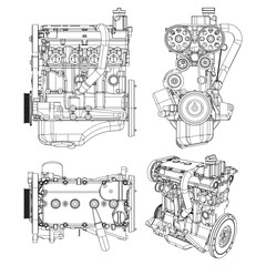 Engine Illustration Set. Car, Motorcycle, Electric Motor, and Rocket Engine for Science and Engineering Projects