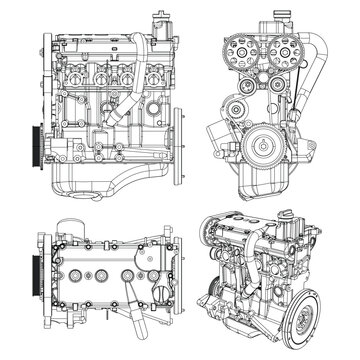 Engine Illustration Set. Car, Motorcycle, Electric Motor, and Rocket Engine for Science and Engineering Projects