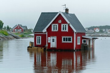 A small red house situated amidst calm waters, perfect for peaceful scenery or as a background