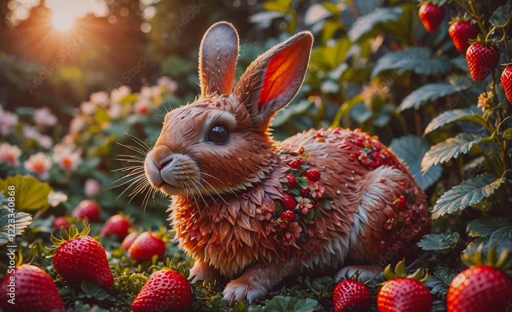 Poster A rabbit is sitting in a field of strawberries. The rabbit is covered in flowers and has a strawberry on its head. The scene is peaceful and serene, with the rabbit and strawberries creating a sense