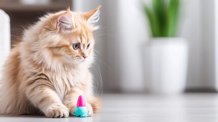 Obraz premium Kitten playing with toy indoors, blurred background. Use Pet website or blog