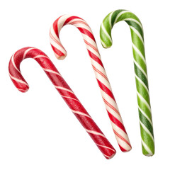 Three Candy Canes Composition Red, Green, and White Striped Candies Isolated on Transparent Background, Christmas Sweets, Holiday Treats, Candy Cane, Christmas, Sweets