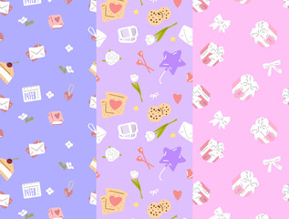 Seamless Valentine Patterns. Seamless Valentine-themed patterns featuring gift boxes, hearts, flowers, and letters on soft pastel backgrounds in pink, purple, and blue tones. 