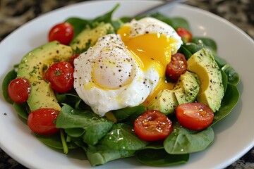 A fresh breakfast salad with spinach, avocado, poached eggs, and cherry tomatoes