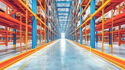 Colorful shelving ensures an organized, spacious warehouse for efficient storage and logistics