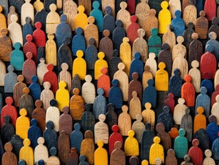 Wooden figures of various colors and sizes are arranged closely, symbolizing community and diversity