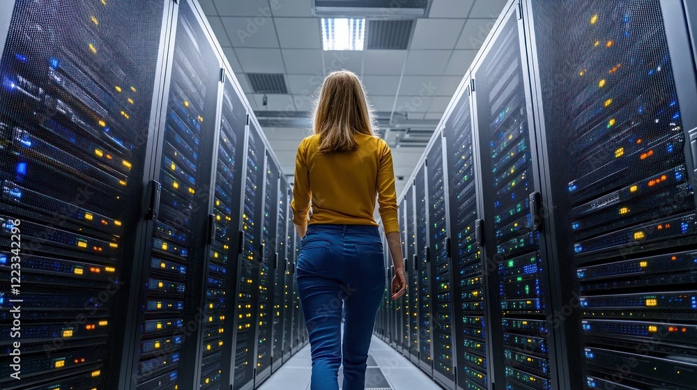 Poster a woman walks through a hallway lined with illuminated server racks in a data center