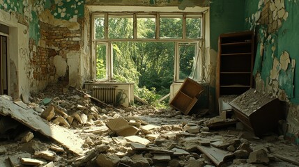 Obraz premium A room in disrepair shows debris and sunlight pouring through a broken window amidst overgrown plants