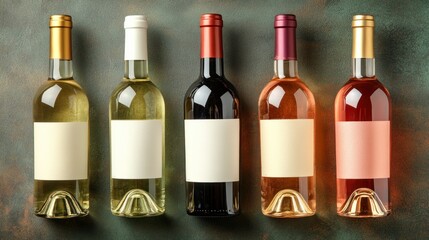 Five bottles of wine in different colors stand elegantly against a textured background