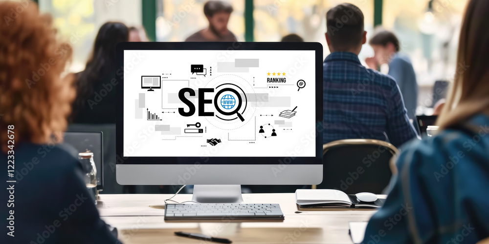 Poster seo search engine optimization for brisk e-commerce and online retail business showing on computer s