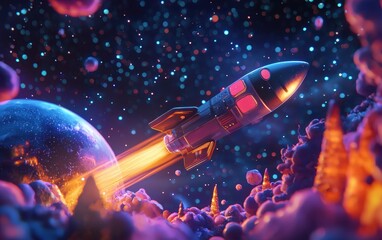 Obraz premium Realistic 3D icon cartoon of a futuristic space rocket flying past a planet, with a starry background