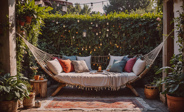 A hammock is hanging in a garden with a white blanket on it. There are several potted plants and a few cups on the ground. Scene is relaxed and peaceful - Powered by Adobe