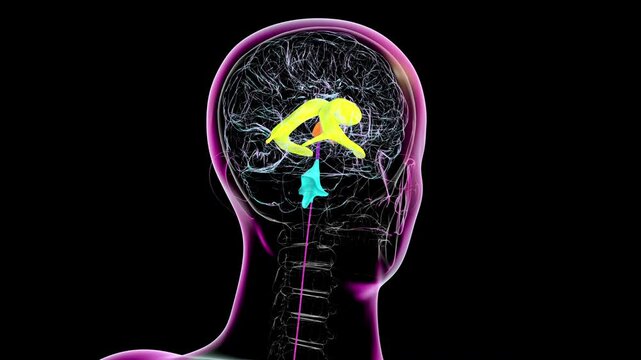 3D animation of a human brain with colored ventricles: lateral (yellow), third (orange), fourth (blue), interventricular foramen (green), cerebral aqueduct (dark purple), spinal channel (light purple)