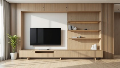 Modern Minimalist Light Wood Living Room TV Unit Design Stylish Home Interior Apartment Shelving Decor Elegant Oak Furniture Natural Wooden Room Setup