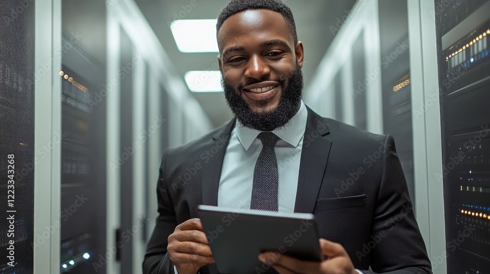 Poster confident man reviews digital data on a tablet amidst rows of servers in a tech focused workspace