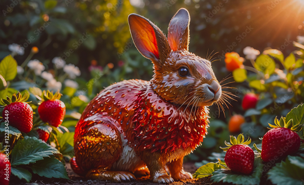 Poster a rabbit is sitting in a field of strawberries. the rabbit is wearing a red outfit and is surrounded